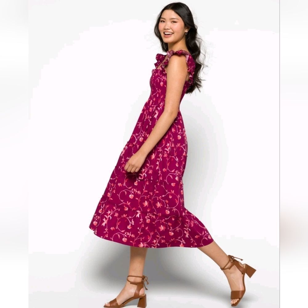 Hill House Home The Ellie Nap Dress in  Burgundy Botanical Poplin Size XS